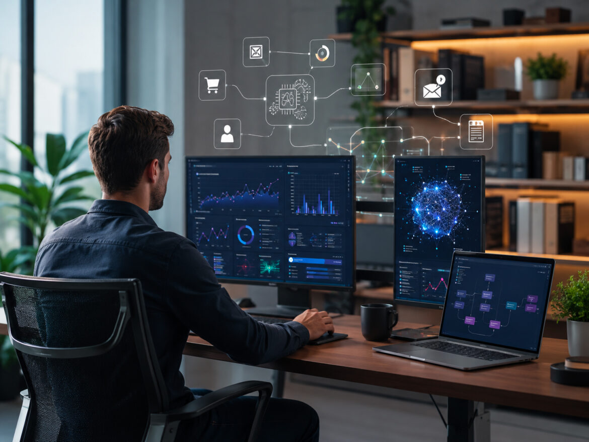Imprenditore che gestisce una micro impresa con strumenti di intelligenza artificiale e automazioni digitali.