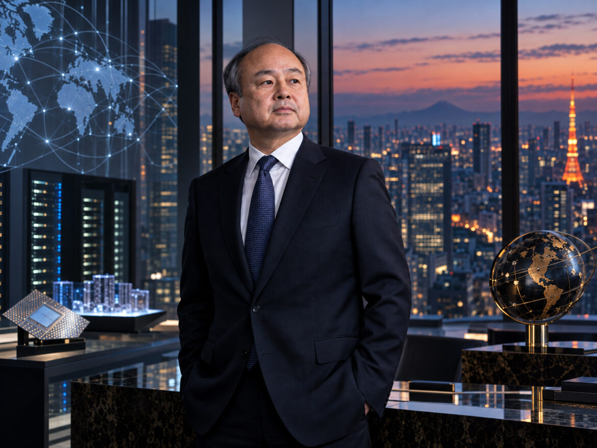 Masayoshi Son, fondatore di SoftBank, in un ufficio con vista sullo skyline di Tokyo