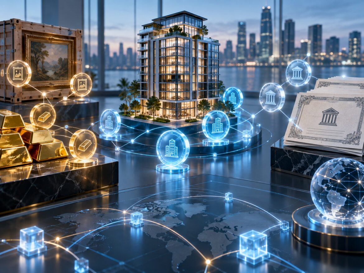 Tokenizzazione degli asset reali con immobili, obbligazioni, oro e altri beni rappresentati digitalmente tramite blockchain