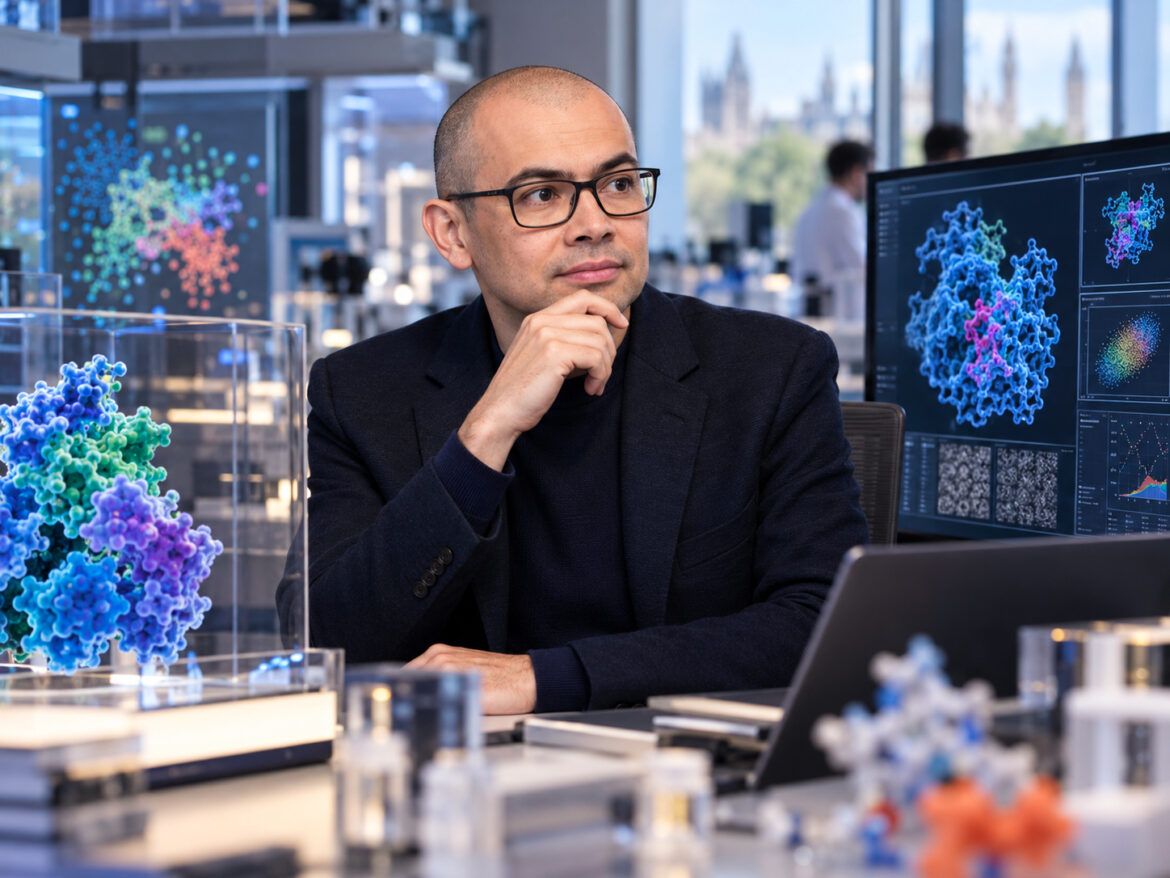 Demis Hassabis in un laboratorio tecnologico con modelli molecolari e schermi dedicati all'intelligenza artificiale applicata alla ricerca scientifica.