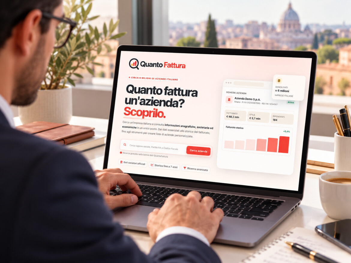 Professionista consulta QuantoFattura.eu per cercare aziende italiane e analizzare fatturato, bilanci e dati societari.